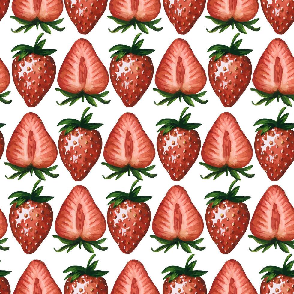 Seamless pattern with juicy strawberries and strawberry halves isolated on white background, hand drawn watercolor illustration. For background, fabric and textile, postcard, packaging. vector