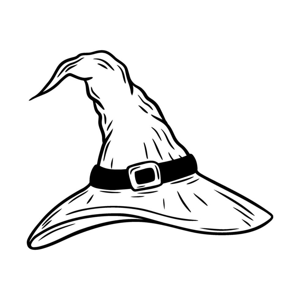 Halloween witch hat illustration in line art style. Graphic monochrome drawing. Hand drawn outline sketch, engraved illustration. Design element for coloring book page, invitation, decoration. vector
