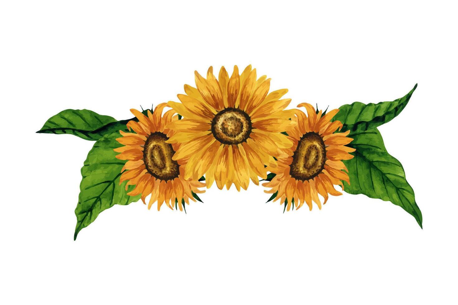 Bright watercolor sunflower composition isolated on white background. Hand drawn botanical illustration. For postcard, greeting, logo, background, pattern. vector
