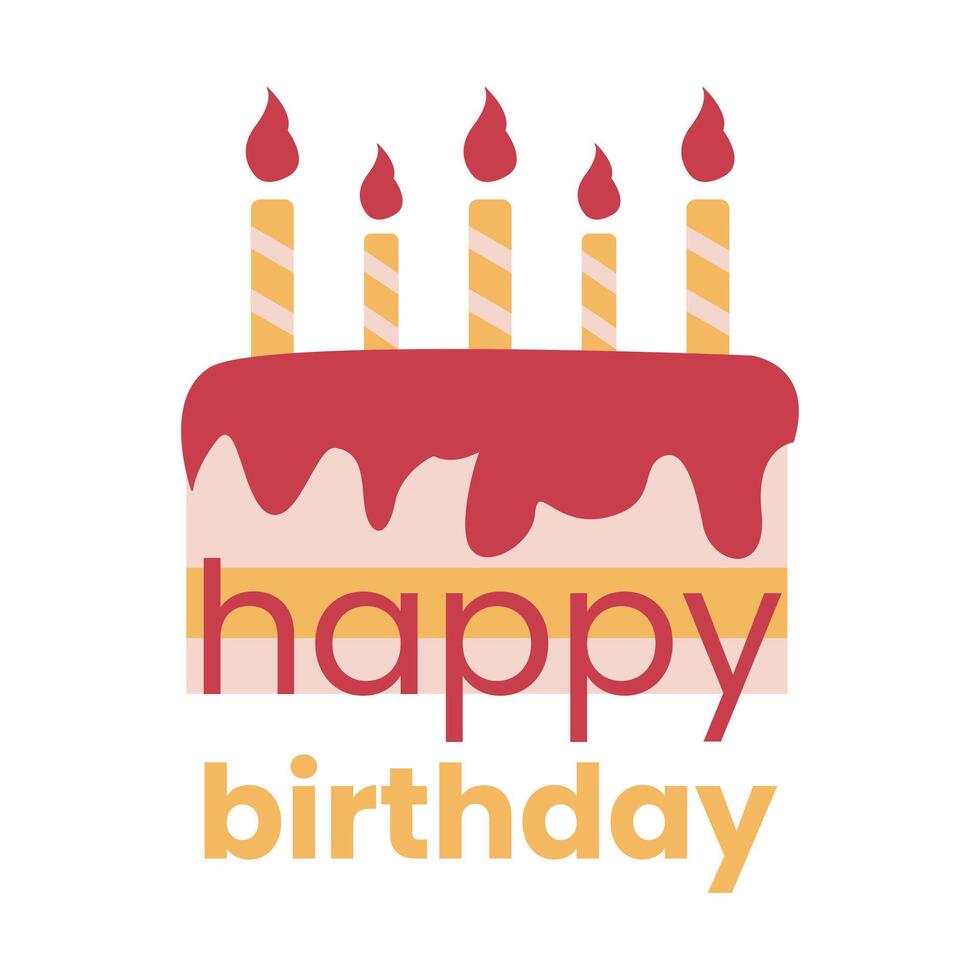 Happy birthday text, Cake burning striped Candles. Greeting Card phrase. Congratulations on annual festive event. Sweet food, icing. Anniversary symbol. Make wish. Isolated. Flat illustration. vector