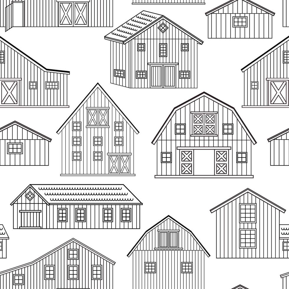 Seamless pattern. Black white outline texture of wooden barn houses on white background vector