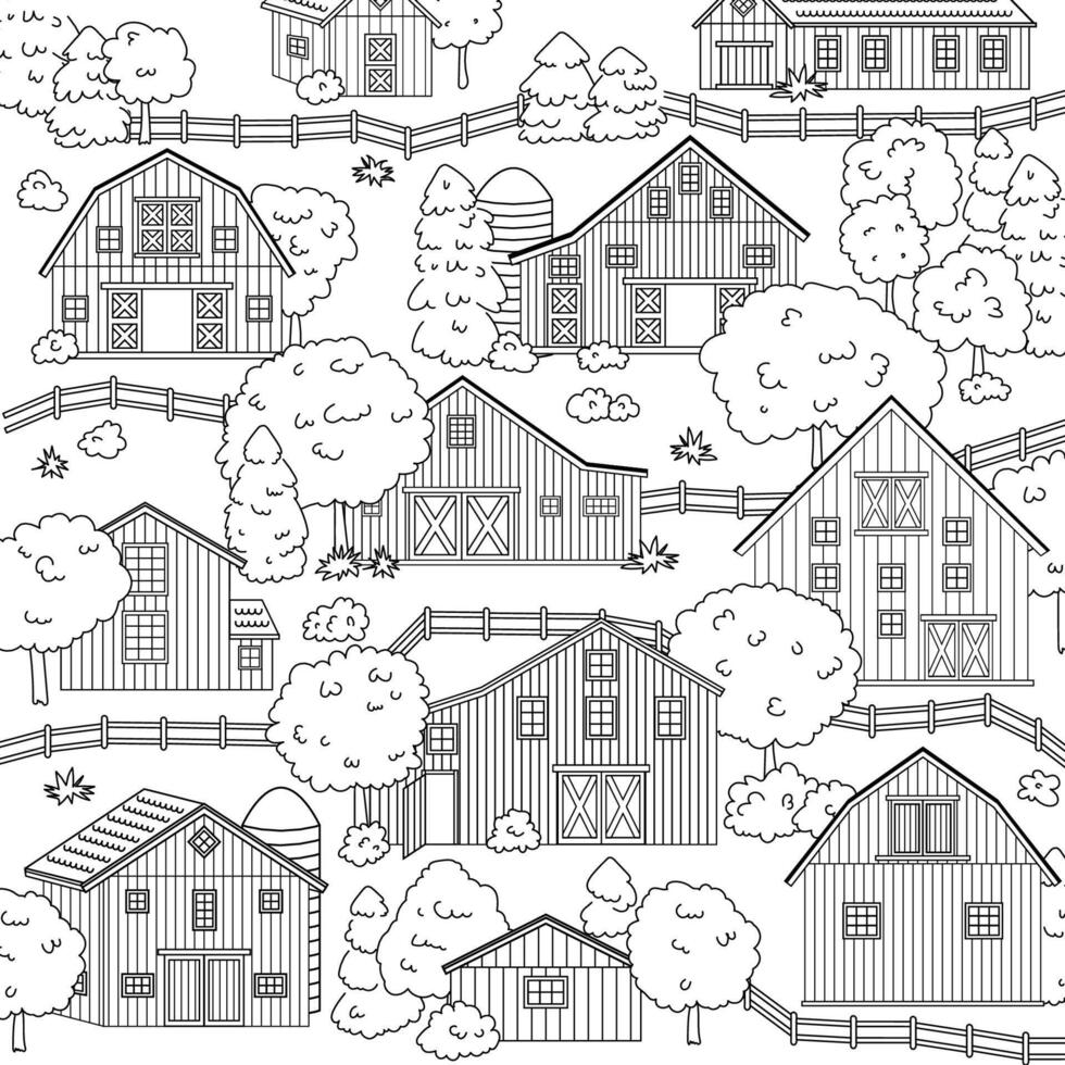 Big set of black white red wooden barns in countryside. Landscape scene with houses, trees and fence on the white background for coloring book. Banner, flyer, layout vector