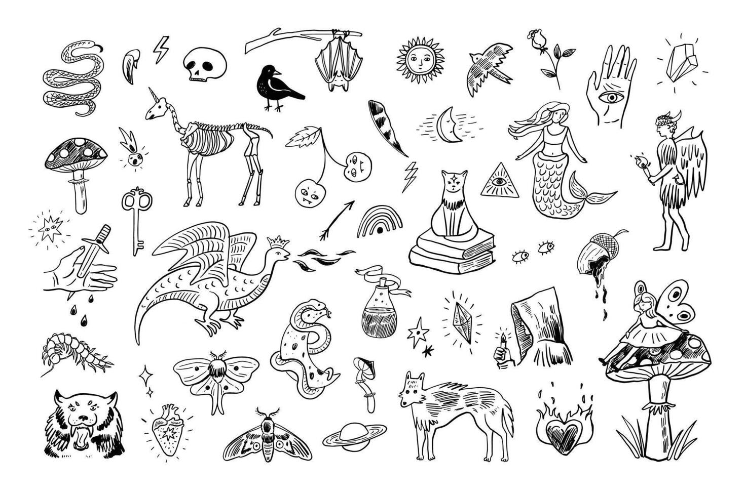 A black and white drawing of various animals and objects vector
