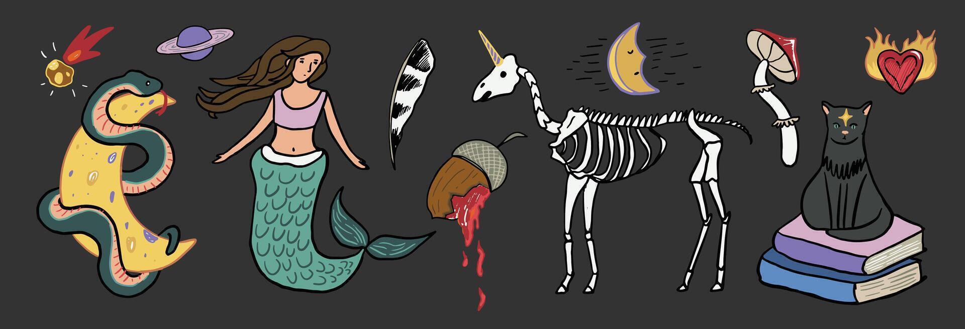 A cartoon illustration of a mermaid, skeleton, cat, and other animals vector