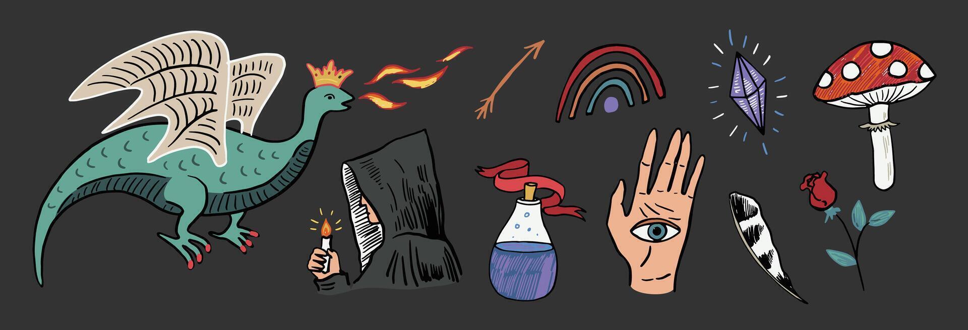 Mystical tale halloween illustrations set. vector