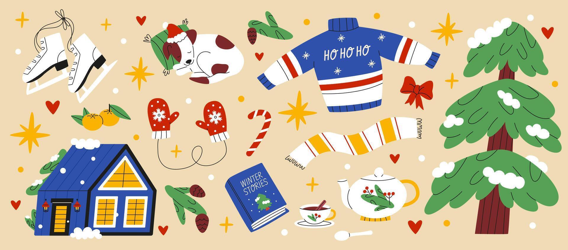 Cozy collection of winter items. Set of winter or Christmas symbols, elements and decorations. Christmas tree, clothes, pet, house, skates and other. Colored flat illustration. vector