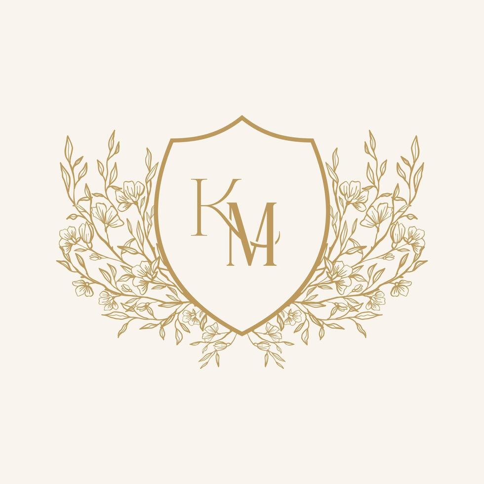 Elegant classical wedding floral crest with KM initial letter. Can be used in invitations card, business logo, personal logo. vector