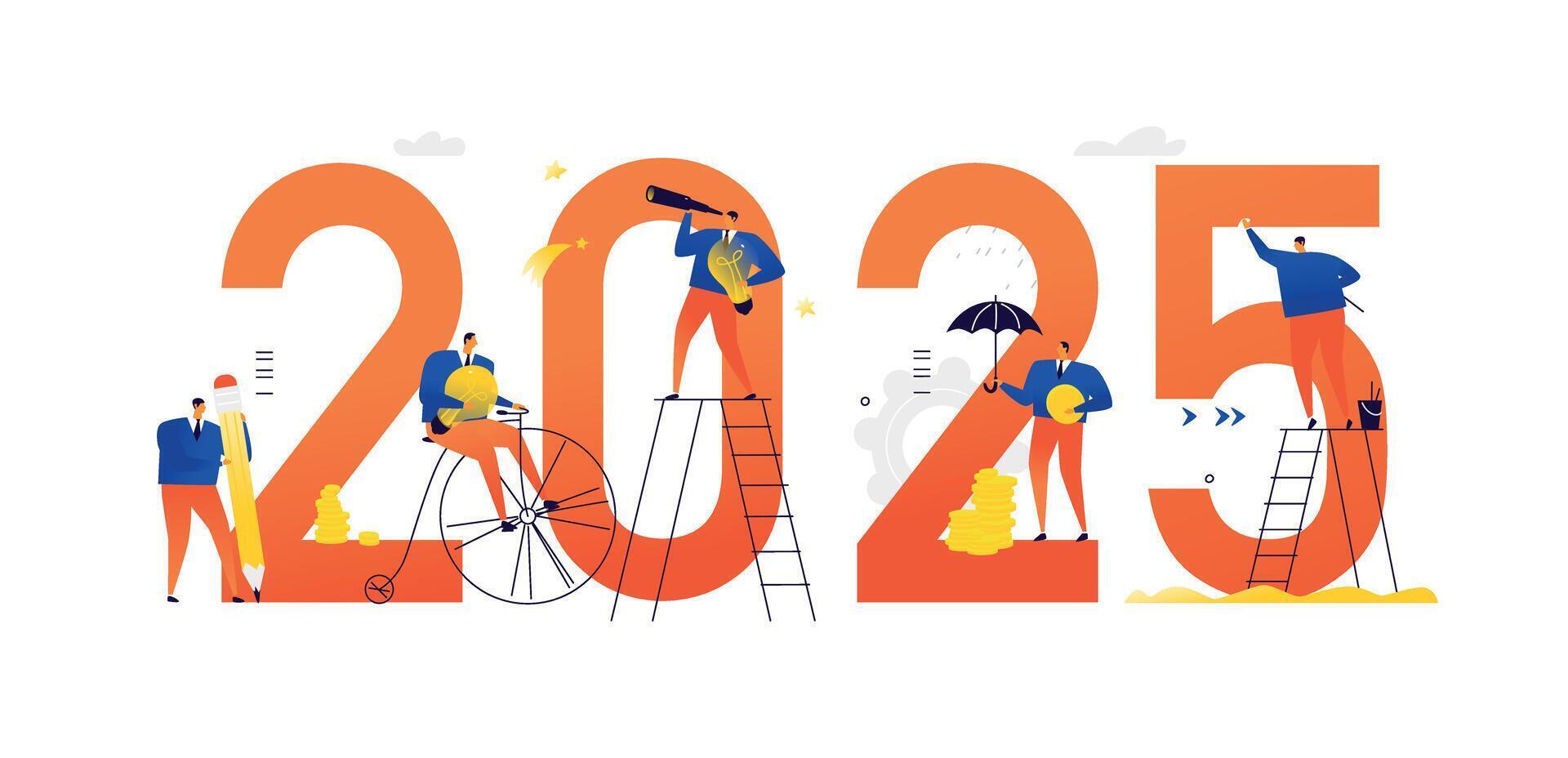 Office staff are preparing to meet the new year 2025. Cartoon characters repair the numbers. vector