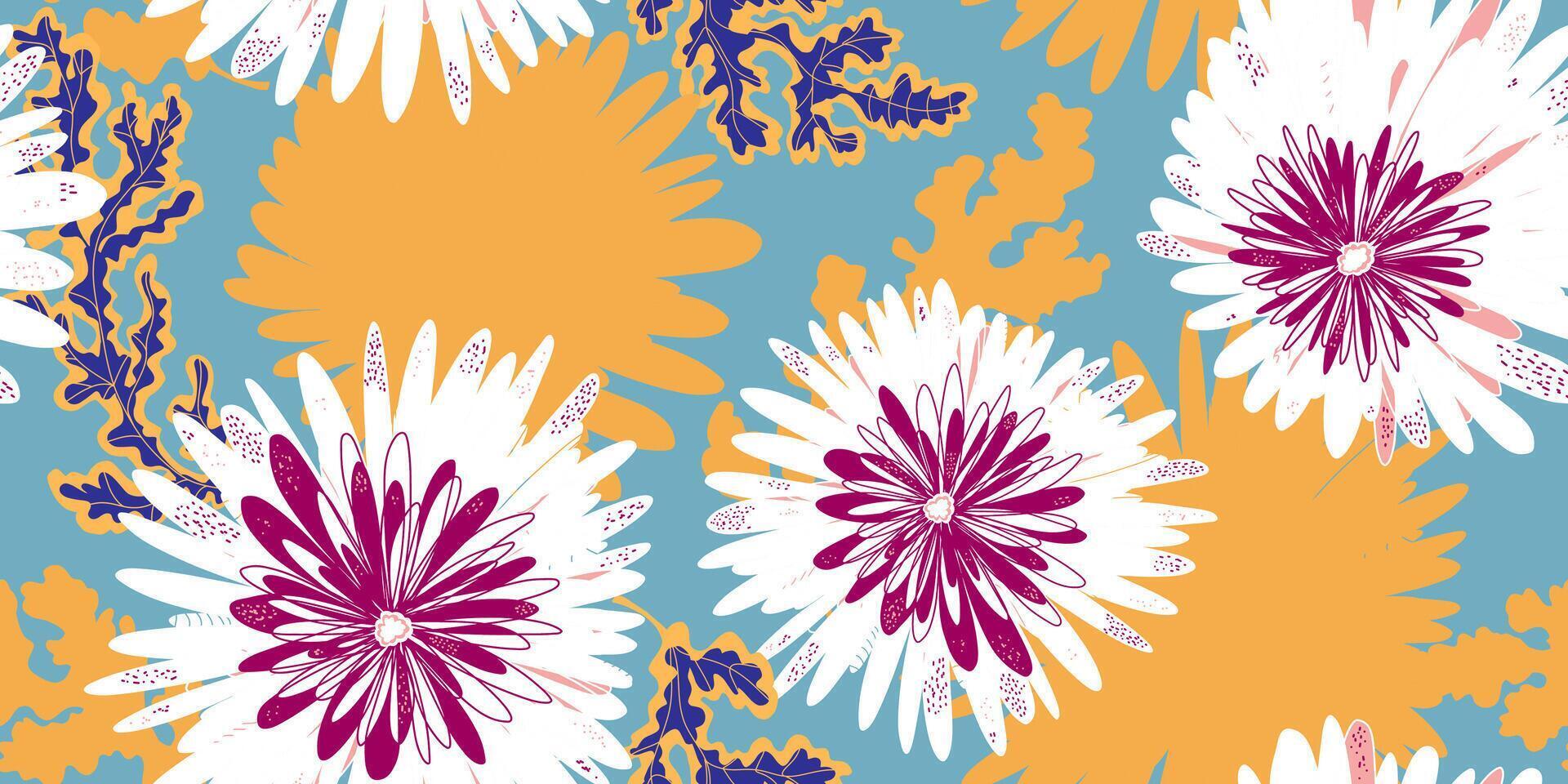 a pattern with purple and orange flowers on a blue background vector