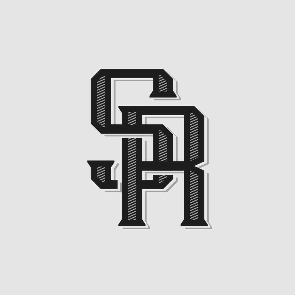 The SR or RS black monogram logo is in a classic style, featuring elegant interlocking letters, with sharp curves and balanced proportions, evoking a vintage and detailed feel. vector