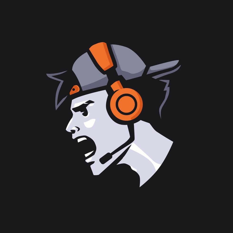 Young man wearing orange headphones illustration. Emotional streamer or gamer. vector