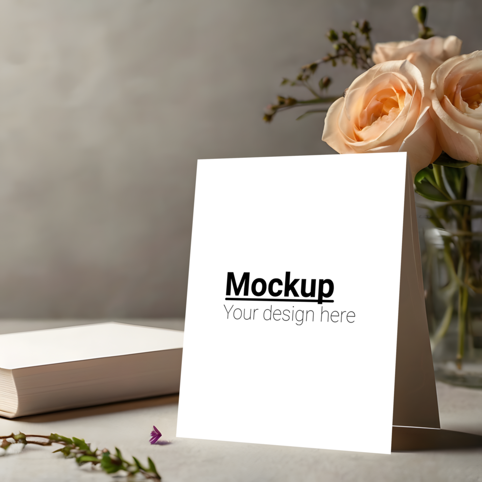 Greeting card mockup on a table with flowers psd