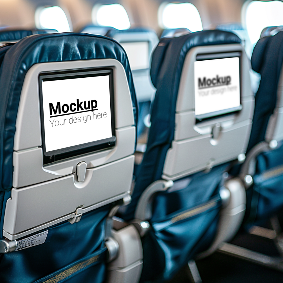 An airplane seat with a mockup of a tablet on it psd