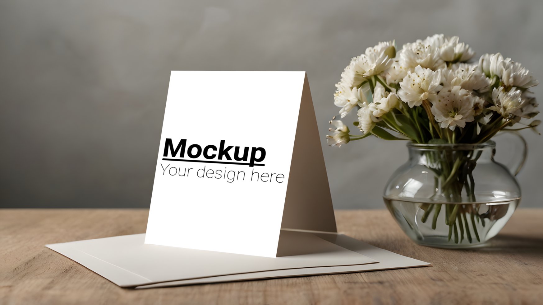 Greeting card mockup on wooden table psd