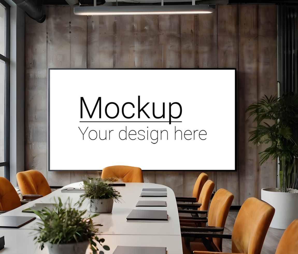 Modern conference room with a large screen mockup psd