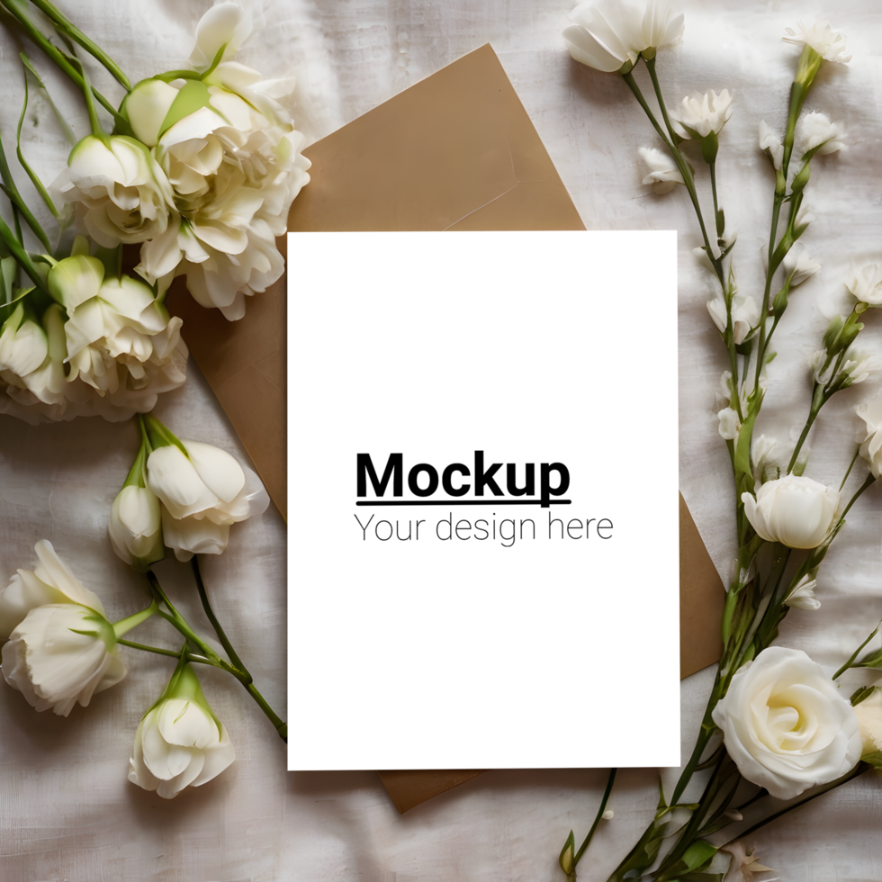 Flowers mockup on a bed with white paper psd