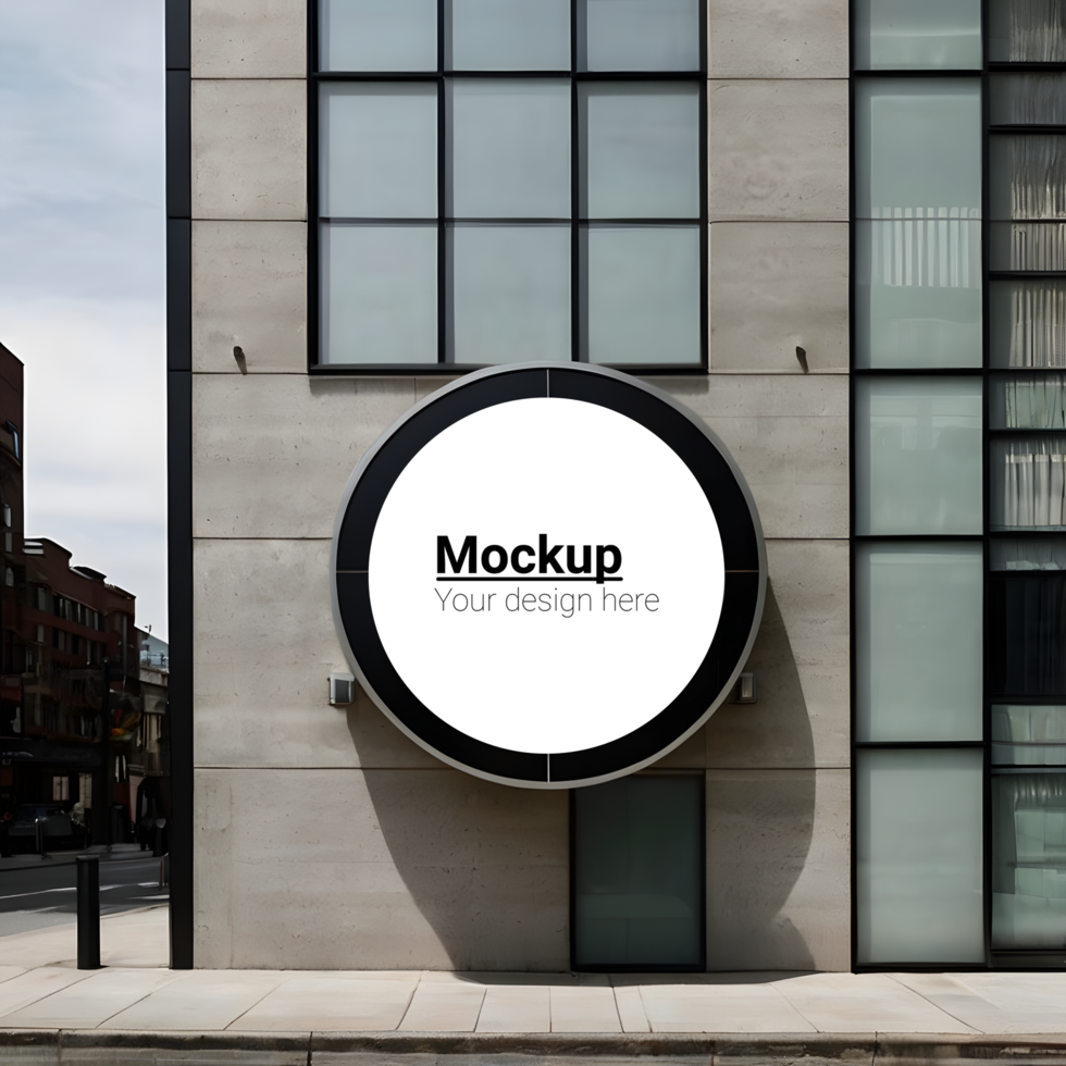 Round sign mockup on a building psd