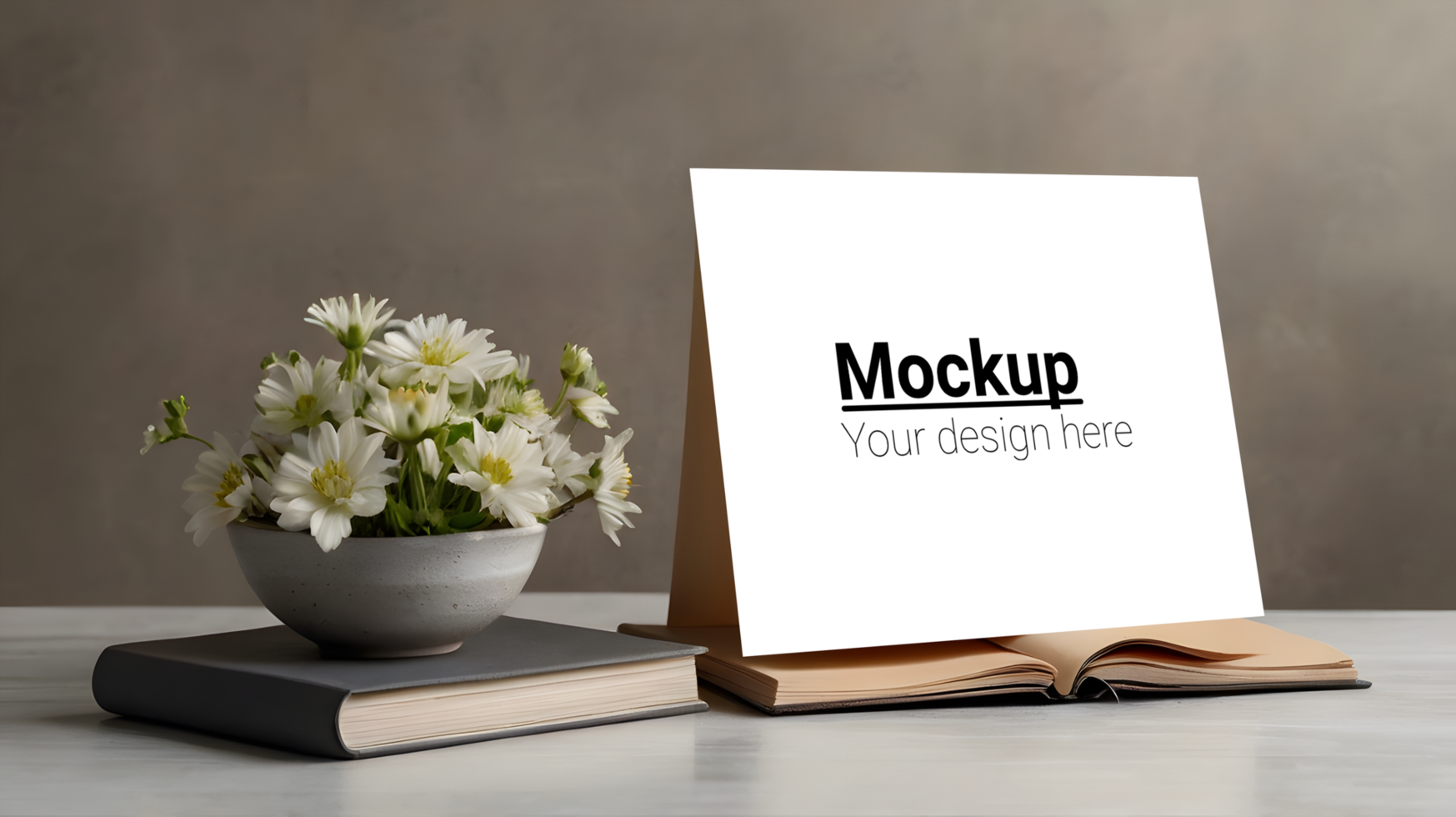 Book mockup with flowers on table psd