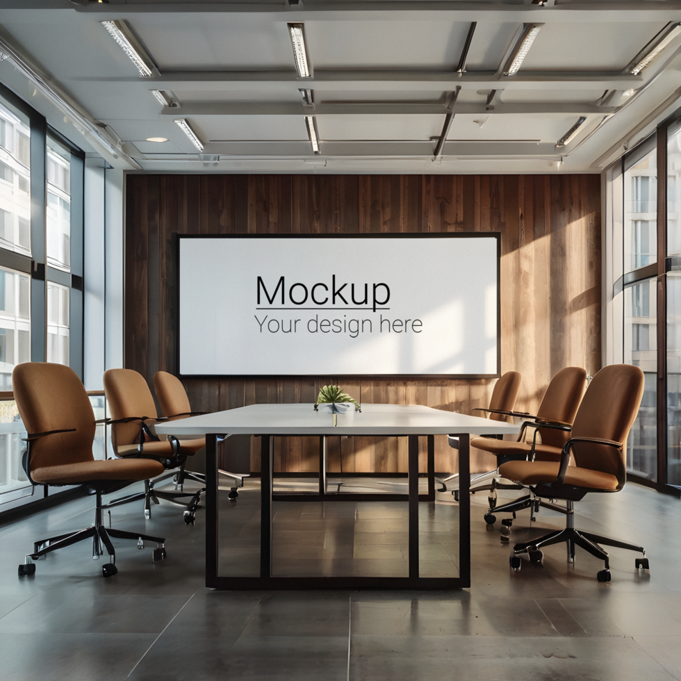 A conference room with a large screen and chairs psd