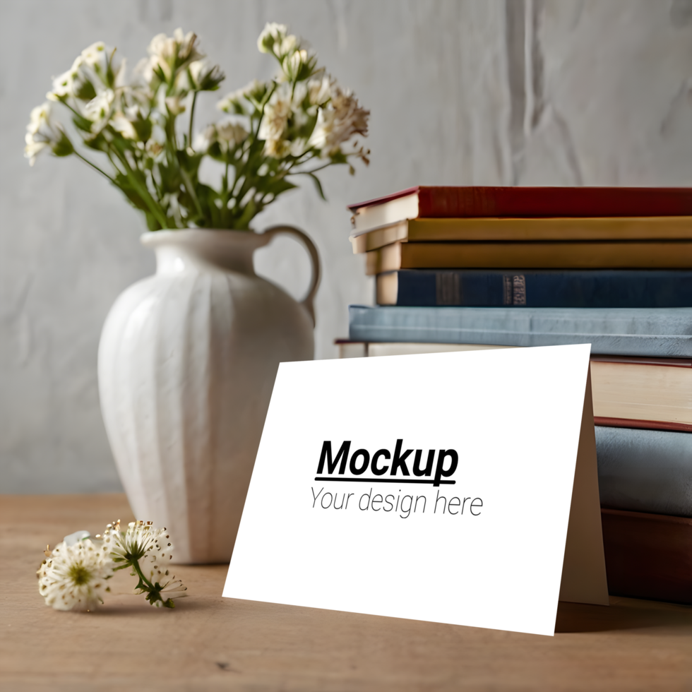 White card mockup on a table with books psd