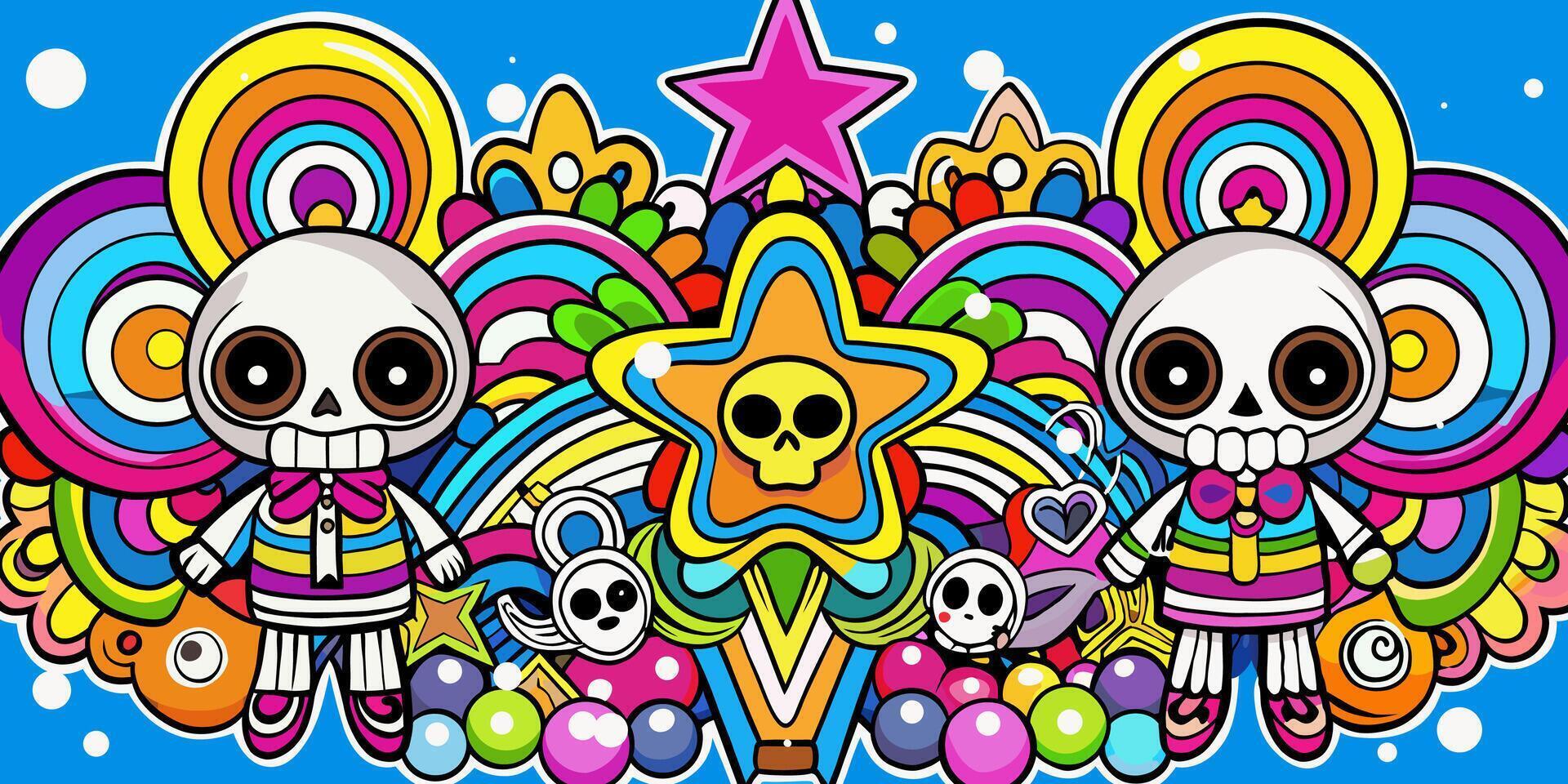 Abstract colorful graffiti background with skeleton characters. Colorful doodle illustration of skeleton vector