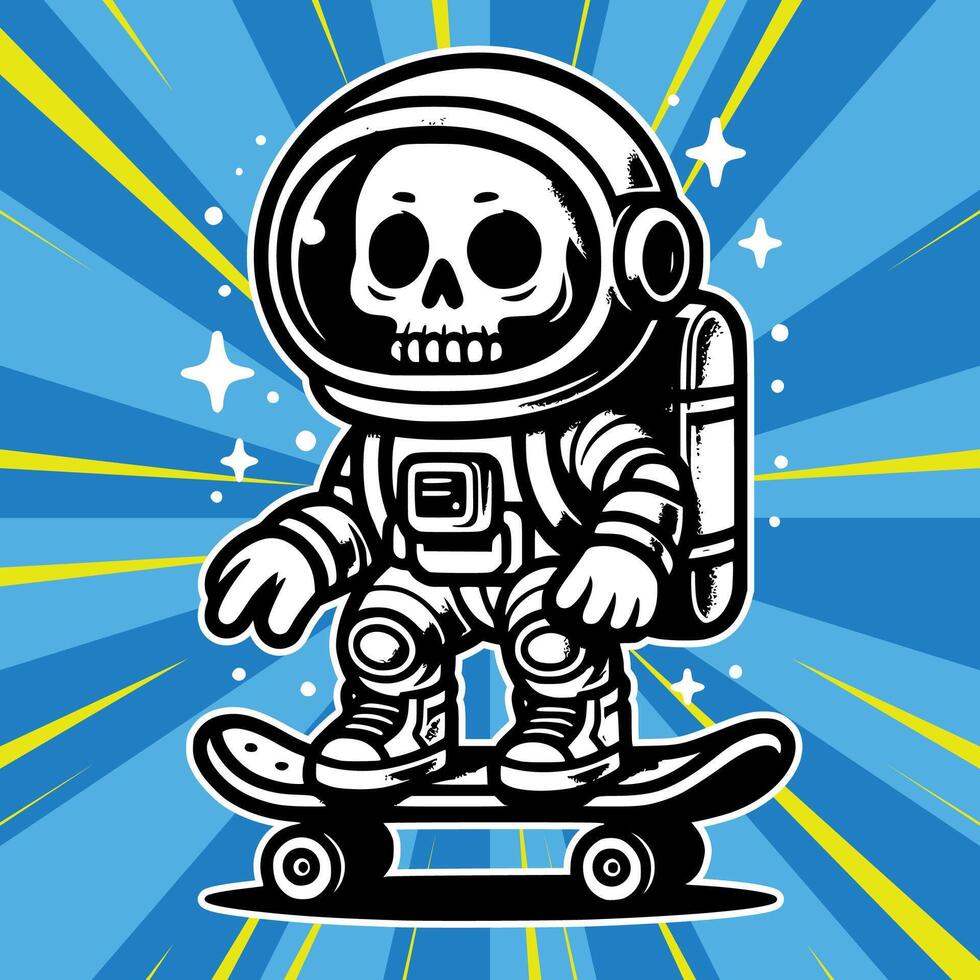 Cute black and white skull astronaut playing skateboard with stars for multi purposes vector