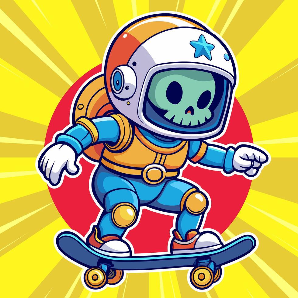 Cool skull astronaut playing skateboard with attractive pose in cartoon style vector