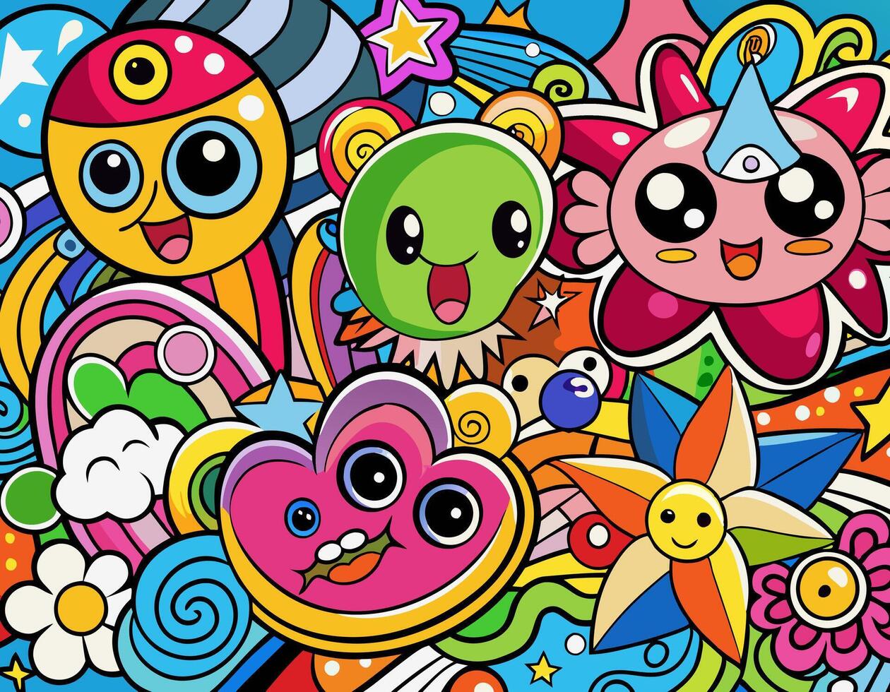 Abstract cartoon background with cute doodle characters in vibrant colors hand-drawn style vector
