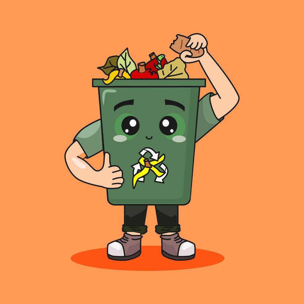 Green Recycle Bin Cartoon Character Clipart with organic trash vector