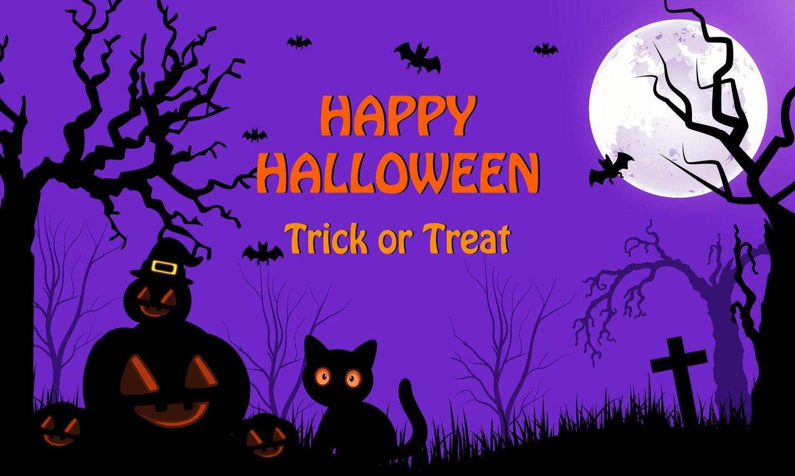 Halloween background with pumpkins and black cat on the full moon vector