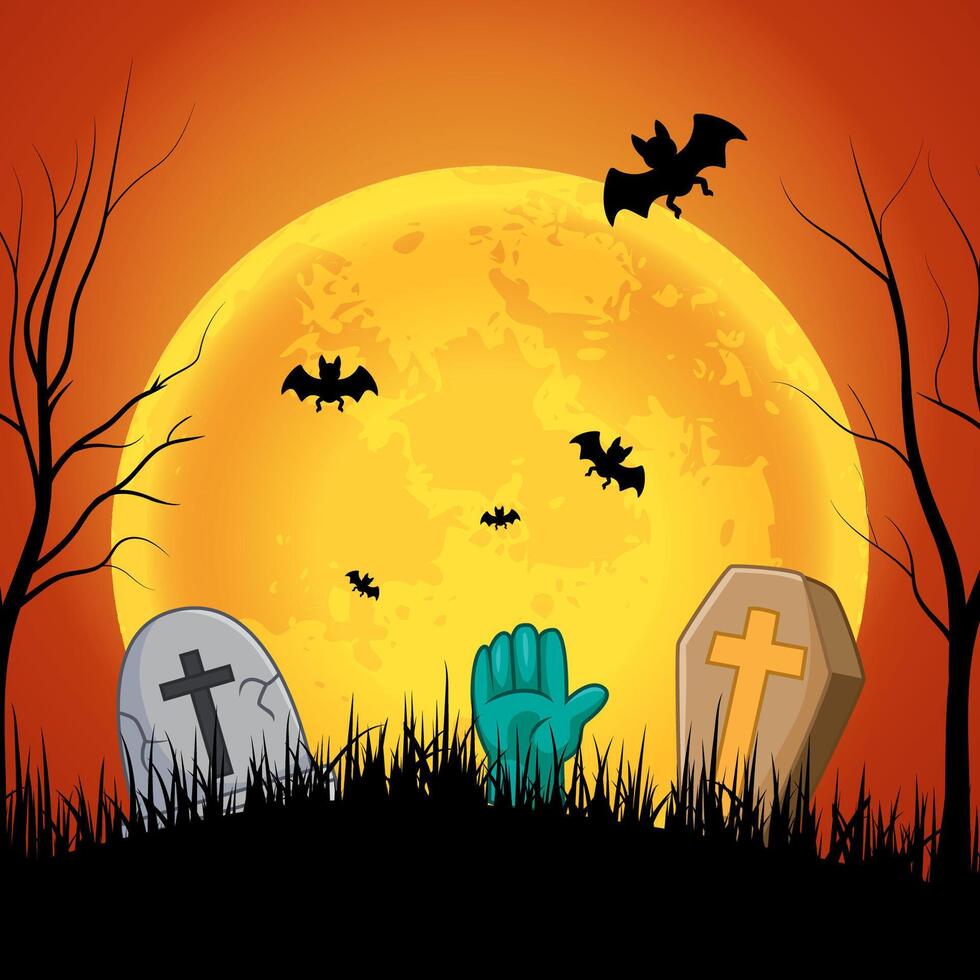 Halloween background with wooden coffin, tombstone and zombie hand on the full moon vector