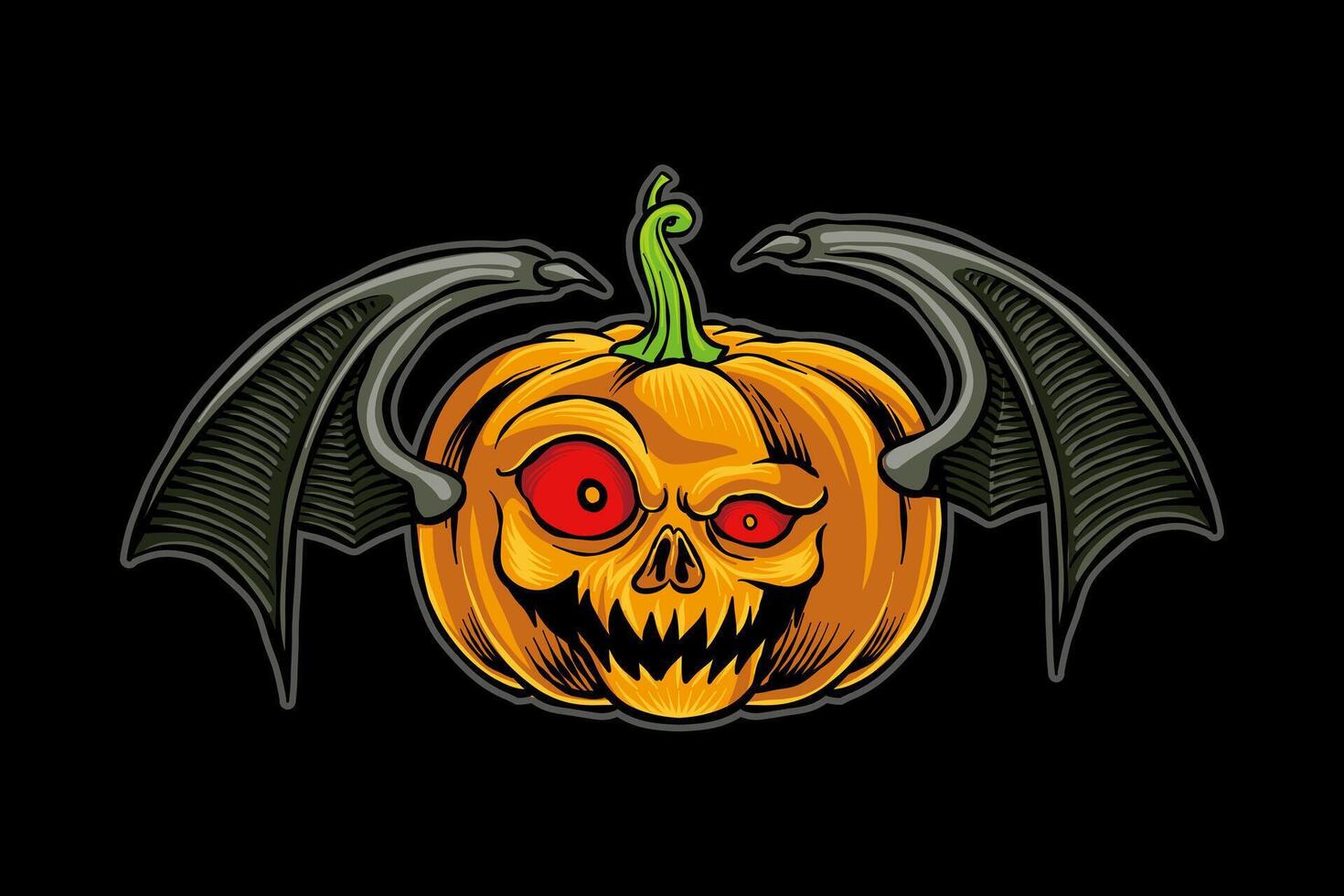 colored illustration hand drawn scary pumpkin with bat wings vector