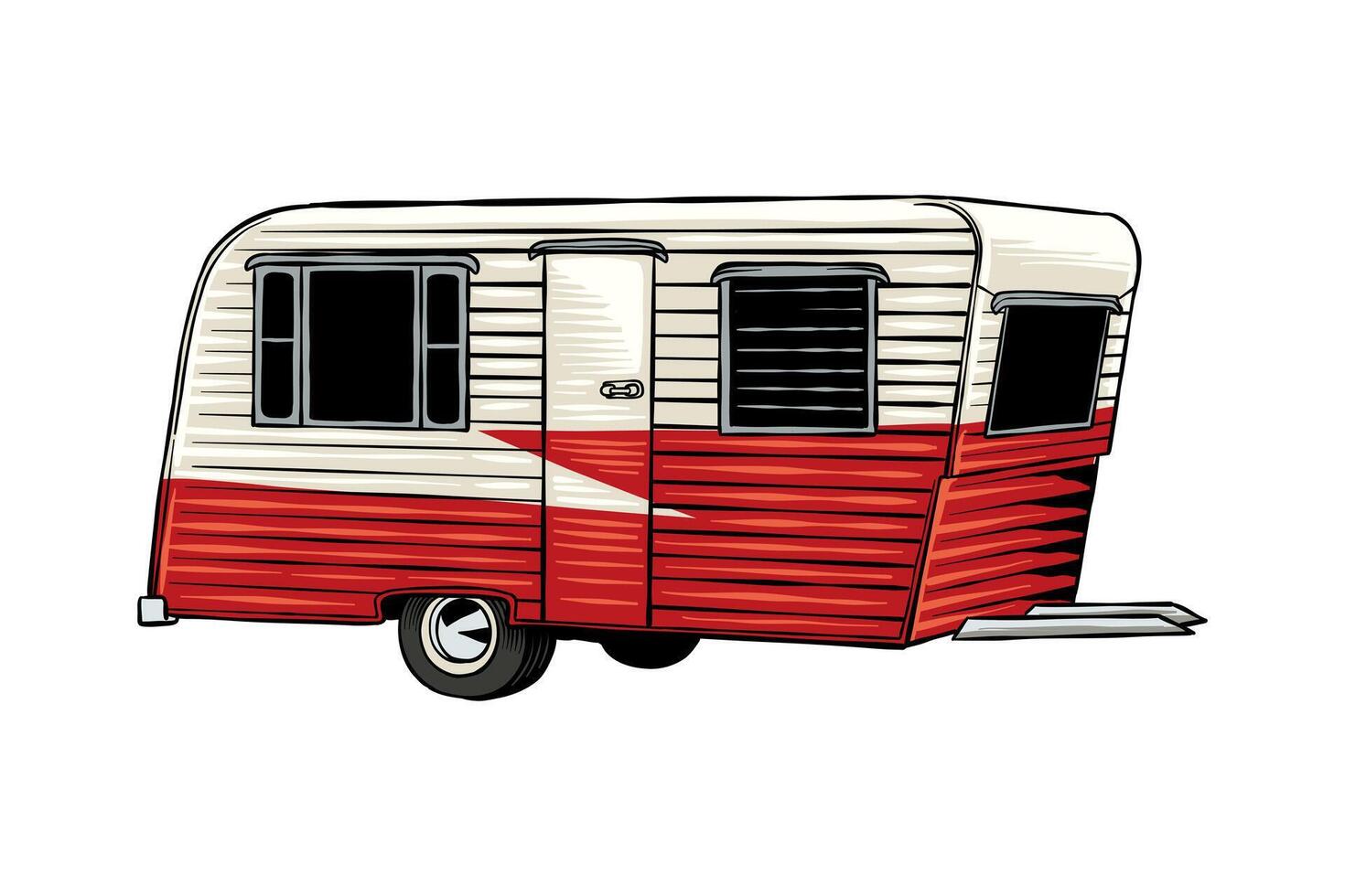Hand drawn retro Campervan colored illustration vector