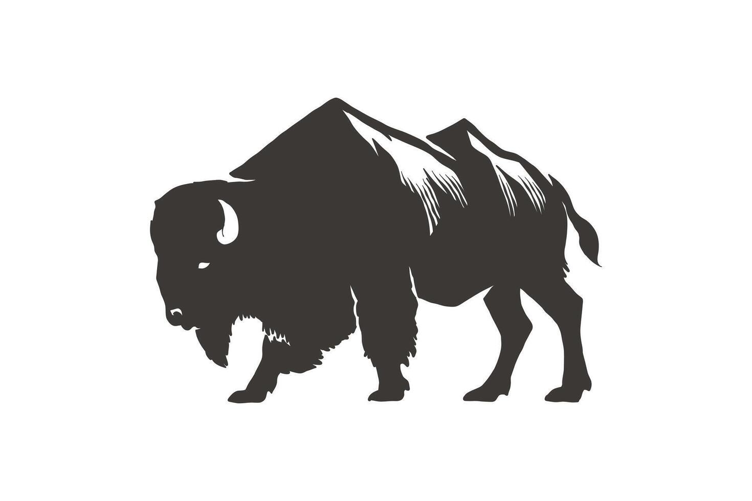 hand drawn illustration of bison silhouette with mountain vector