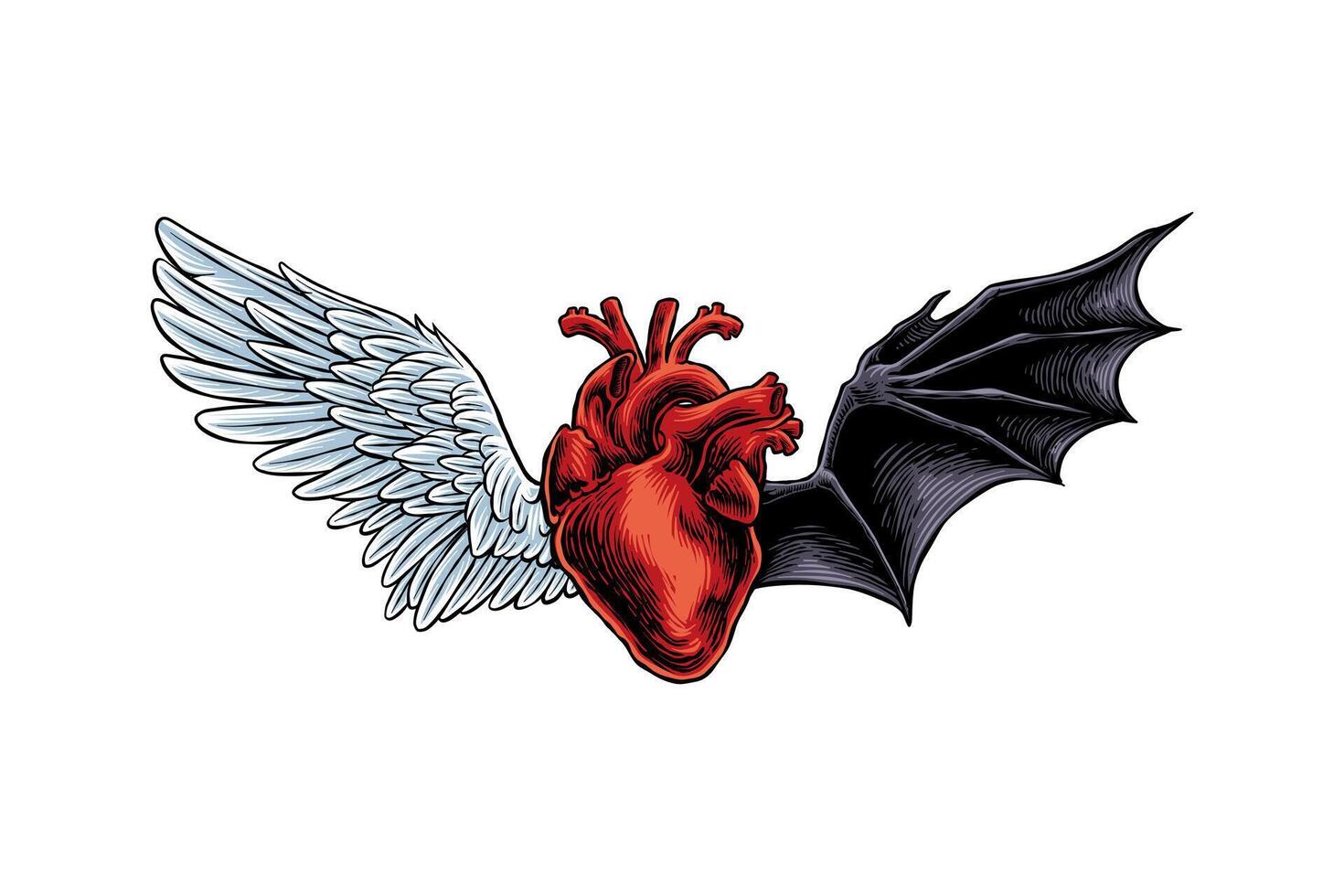 heart colored illustration of angel wings and devil wings vector