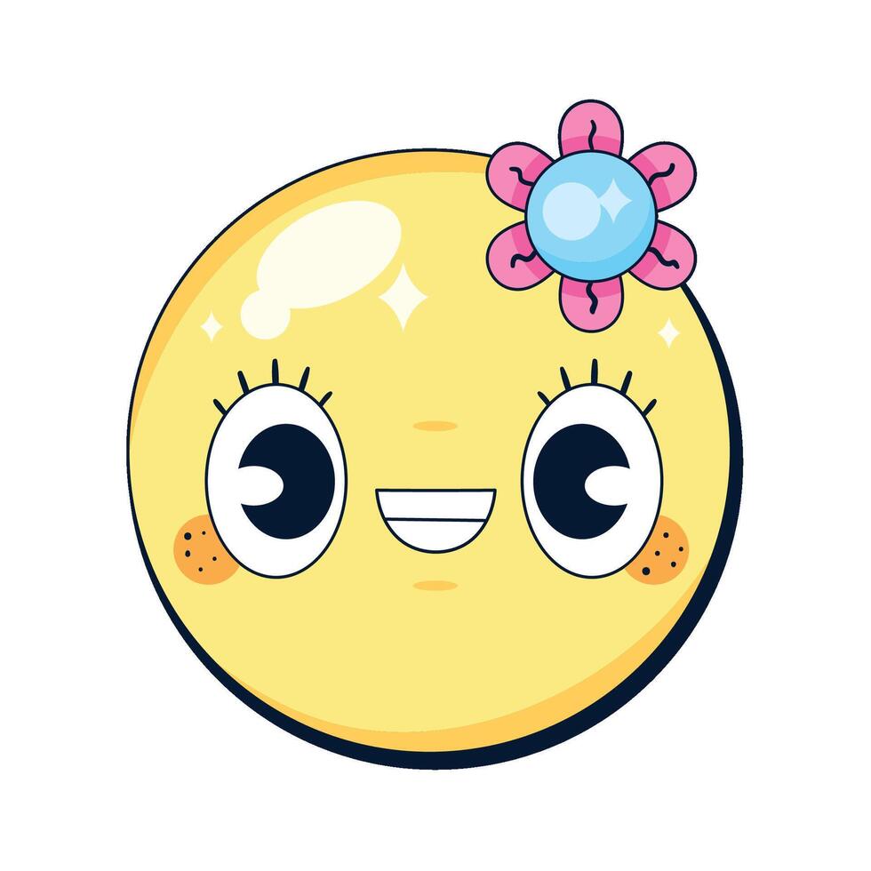 A cartoon yellow smiley face with a flower on its head vector