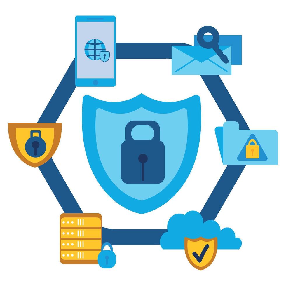 A blue and white image with a lock, a phone, and other security icons vector