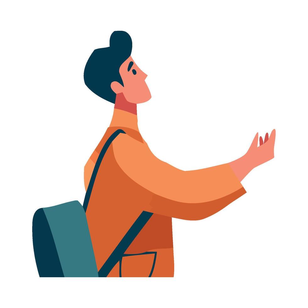 Man with backpack and backpack pointing to something vector