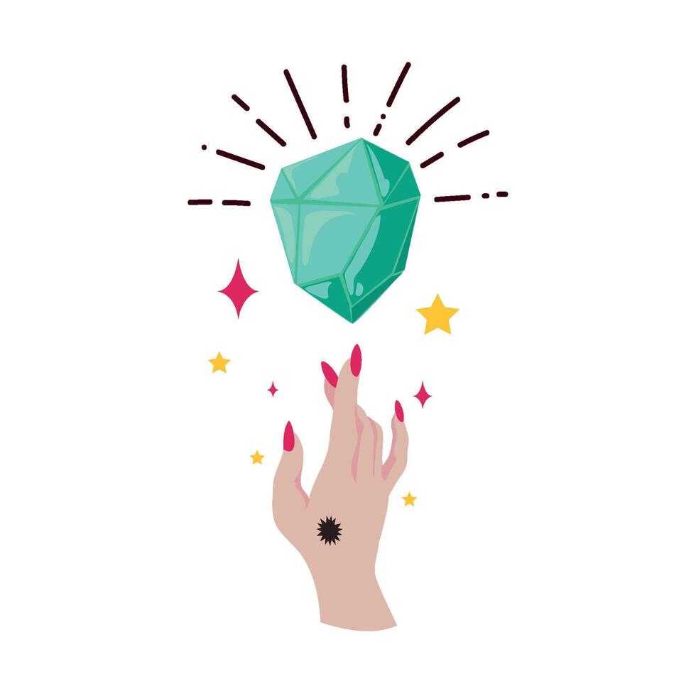 Hand holding a green gem, with stars and a star vector