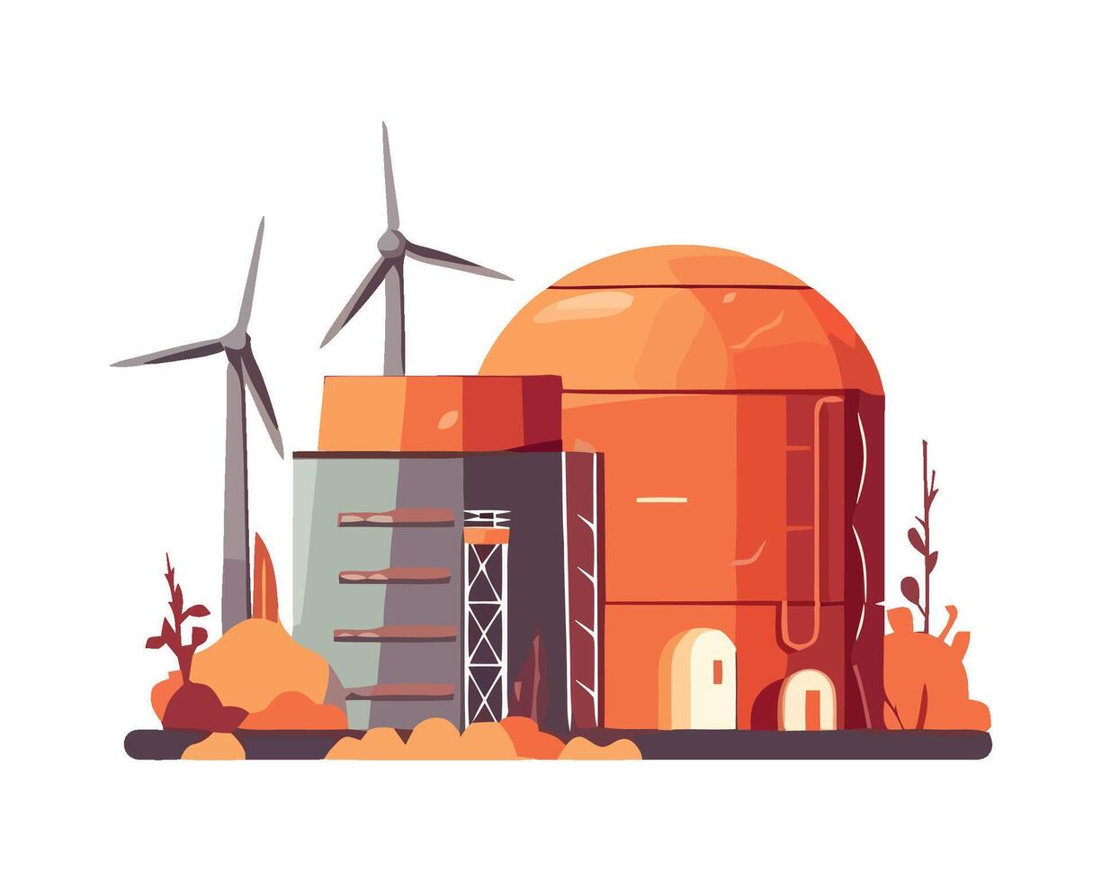 An orange nuclear power plant with wind turbines vector