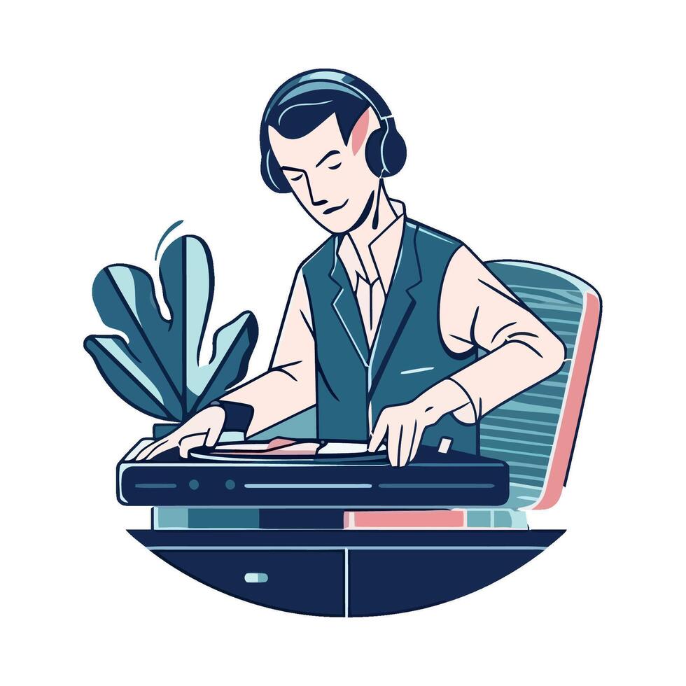 Dj in headphones working on a computer vector
