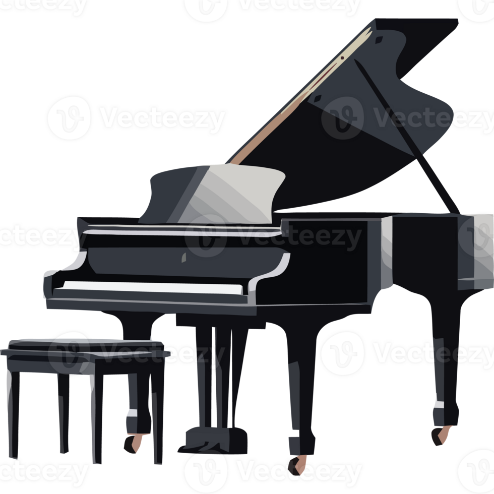 A black grand piano and stool on a white background png