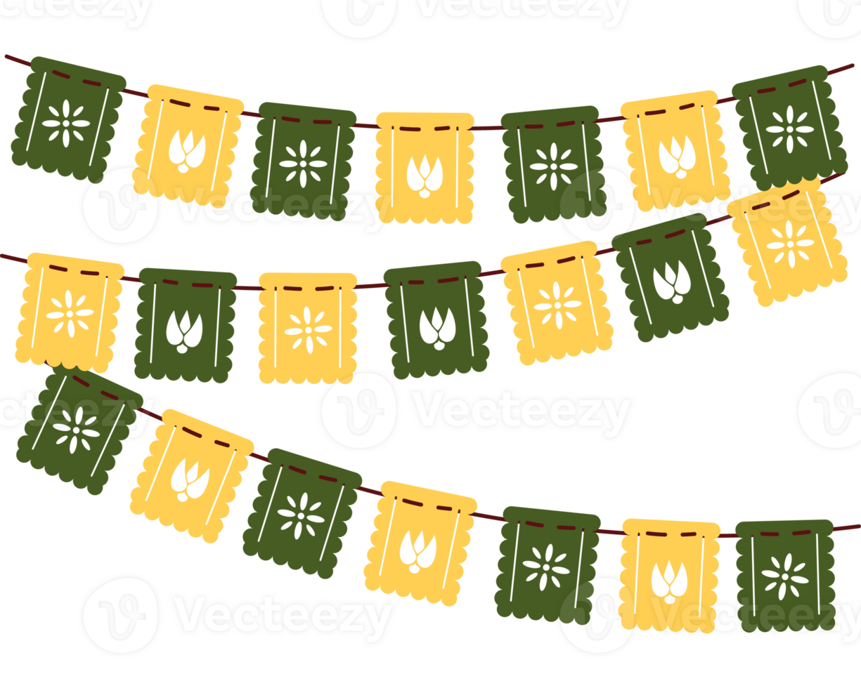 A string of green and yellow flags hanging on a black background png
