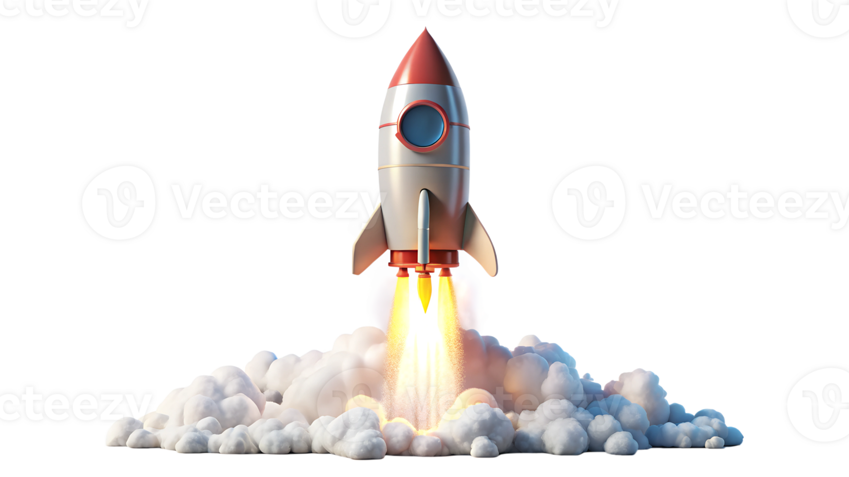 Rocket launching through clouds in a clear sky, cut out transparent png