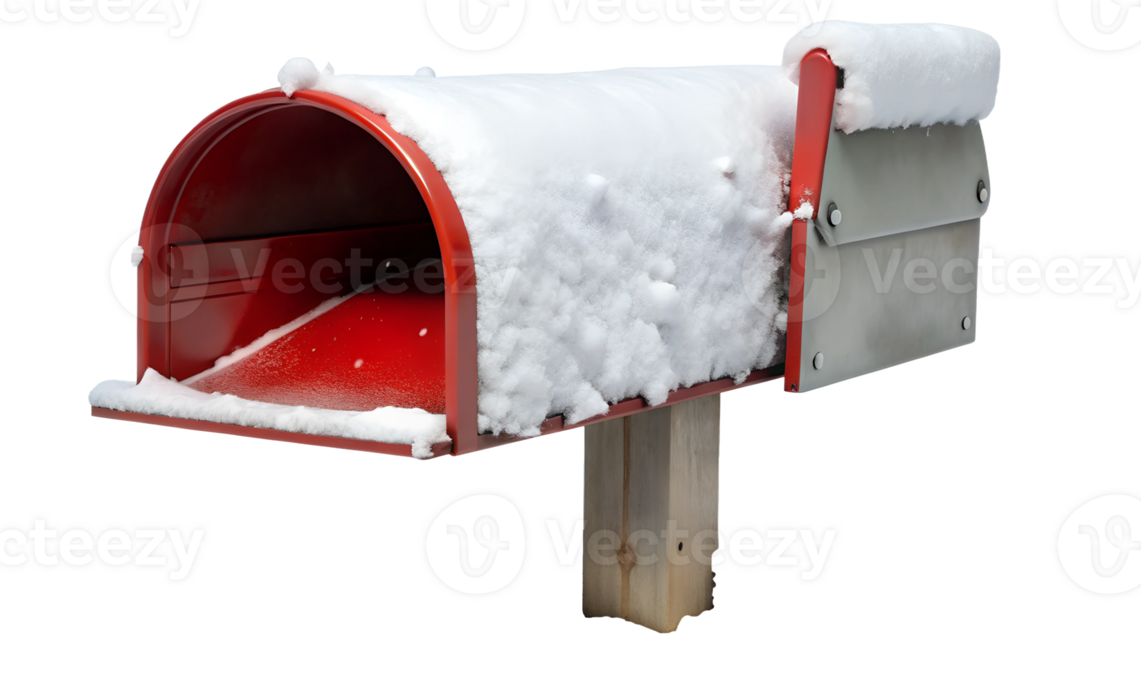 Snow-covered mailbox standing alone in winter, cut out transparent png