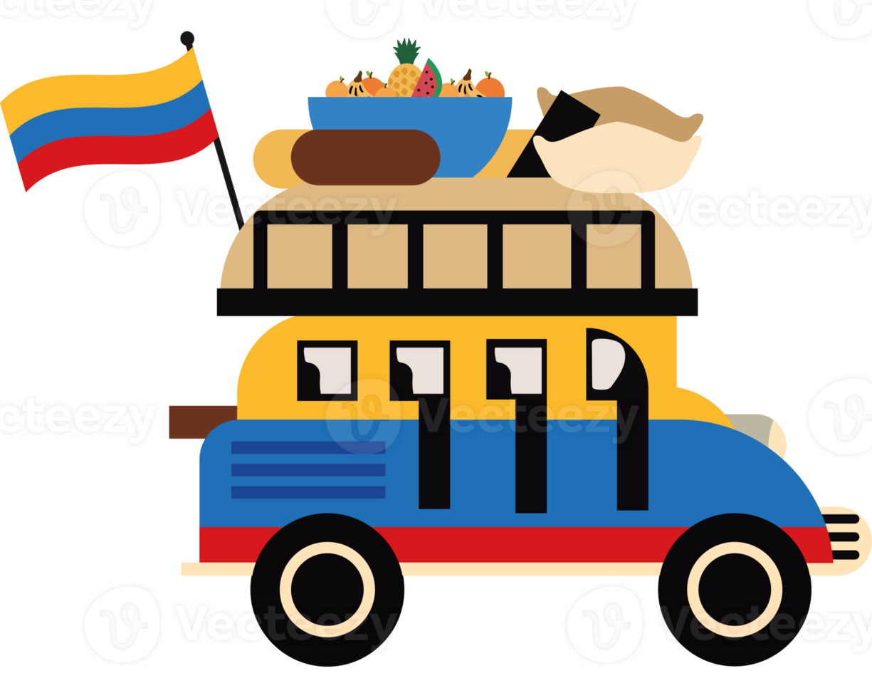 A bus with food and a flag on top png