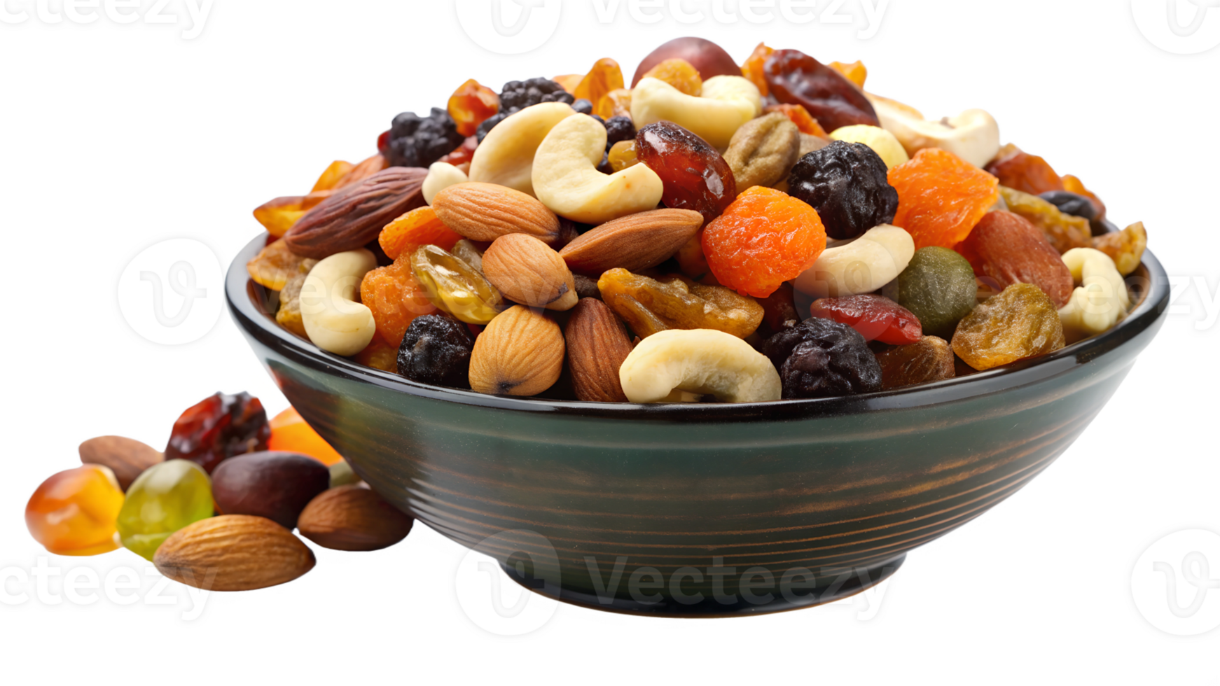 Healthy mixed nuts and dried fruits in a bowl, cut out transparent png