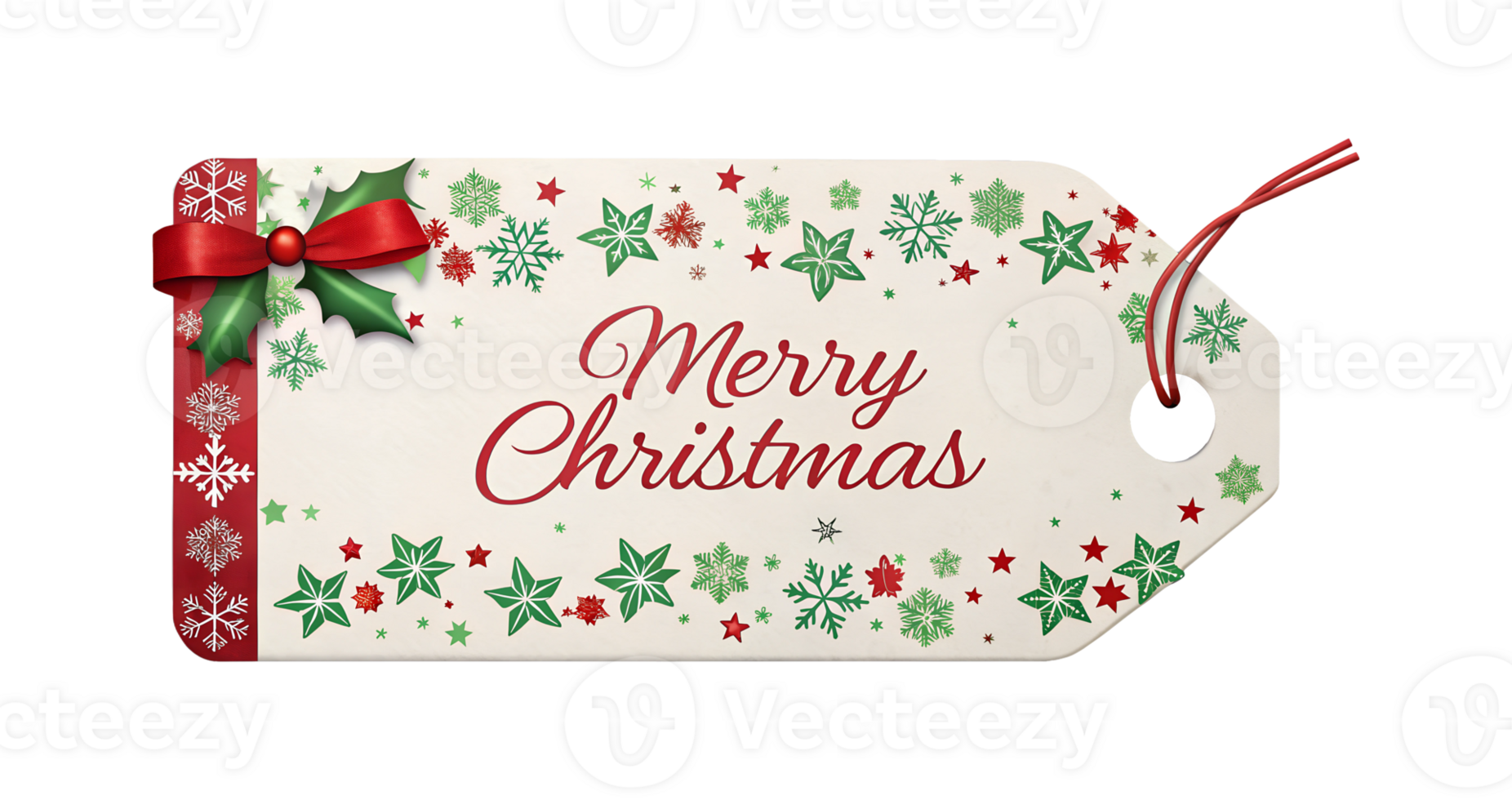 Christmas gift tag with greenery ribbon, cut out transparent png