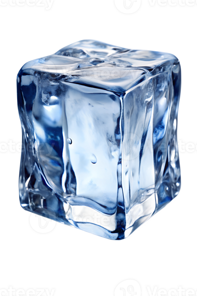 Clear ice cube reflecting light on a white surface, cut out transparent png