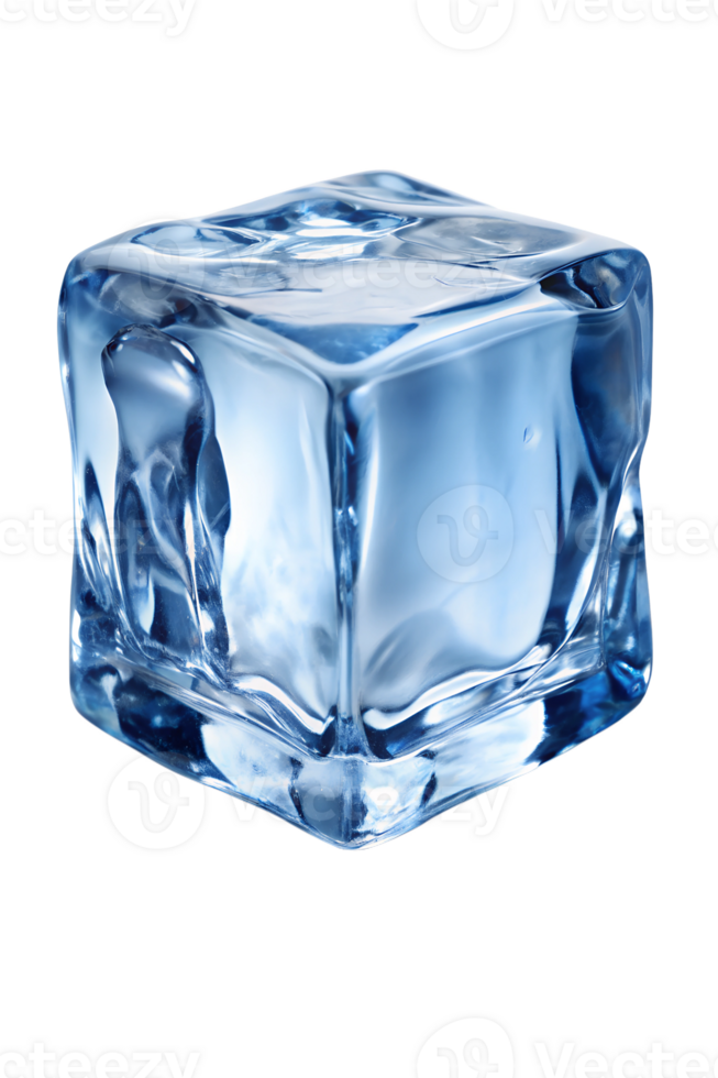 Single ice cube glistening under bright light, cut out transparent png